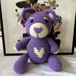 Purple Crochet Teddy Bear with Heart